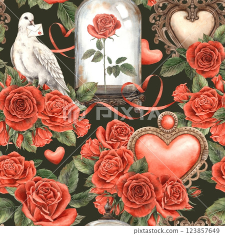 Red roses, vintage hearts, white doves, glass domes with roses inside and elegant ribbons. Watercolor pattern is perfect for Valentine's Day, wedding designs, greeting cards, fabric and gift wrap 123857649