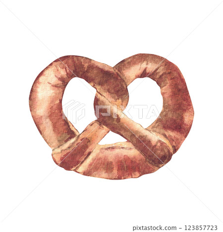 Bretzel. Traditional German pretzel. Watercolor hand drawn baked brotzel without salt. Snack in Bavaria at Oktoberfest beer festival for sticker, menu, prise tag isolated from background illustration Bretzel. Traditional German pretzel. Watercolor hand drawn baked brotzel without salt. Snack in Bavaria at Oktoberfest beer festival for sticker, menu, prise tag isolated from background illustration 123857723