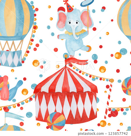Seamless pattern watercolor hand drawn cartoon elephant juggler, tent, stars, balloon, kettlebell, circus podium on multicolor background. For childish fabric, wallpaper nursery, birthday cards, Seamless pattern watercolor hand drawn cartoon elephant juggler, tent, stars, balloon, kettlebell, circus podium on multicolor background. For childish fabric, wallpaper nursery, birthday cards, 123857742