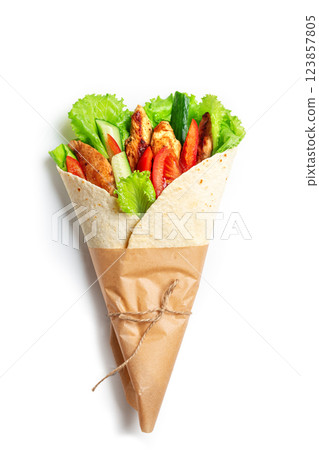 wrap sandwich with fried chicken meat and vegetables 123857805