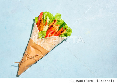 Grilled chicken and vegetables salad tortilla wrap Grilled chicken and vegetables salad tortilla wrap 123857813