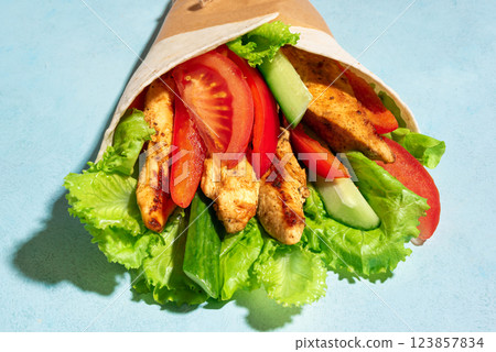 Fresh fajita wrap sandwich with grilled chicken and vegetables Fresh fajita wrap sandwich with grilled chicken and vegetables 123857834