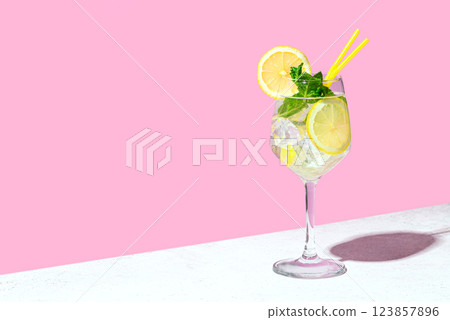 Trendy Hugo Spritz cocktail drink with lemon, mint leaves and ice Trendy Hugo Spritz cocktail drink with lemon, mint leaves and ice 123857896