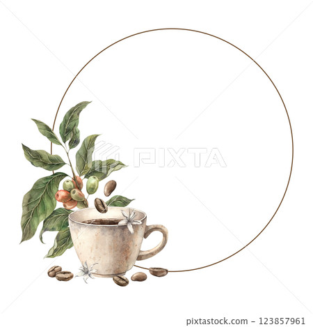 Branch of coffee tree with berries, grows from ceramic mug with aromatic coffee, roasted beans and flowers around. Watercolor round frame for banners, packaging, shops and cafes, menus, postcards Branch of coffee tree with berries, grows from ceramic mug with aromatic coffee, roasted beans and flowers around. Watercolor round frame for banners, packaging, shops and cafes, menus, postcards 123857961