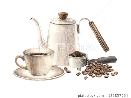 Mug with aromatic coffee, ceramic teapot, roasted beans and coffee machine horn with ground coffee. Watercolor isolated illustration for branding cafes, shops, coffee products, postcards, textiles 123857964