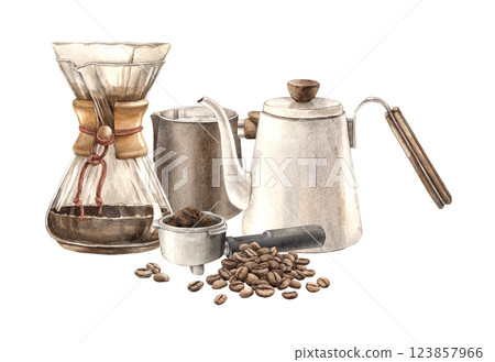 Ceramic teapot, glass flask filter for brewing coffee, roasted beans and horn from coffee machine. Watercolor isolated illustration for branding cafes, shops, coffee products, postcards, textiles 123857966
