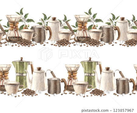Cup of coffee, white teapot, metal milk jug, glass filter and green branches of coffee tree, roasted beans and sugar cubes. Set of two isolated seamless horizontal banner templates for shops and cafes 123857967
