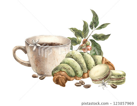 Sweet pastries croissant and macaroon cookies, mug with aromatic coffee, roasted beans and coffee branch. Hand-painted watercolor composition for branding of shops, cafes, packaging, wrappers, banners Sweet pastries croissant and macaroon cookies, mug with aromatic coffee, roasted beans and coffee branch. Hand-painted watercolor composition for branding of shops, cafes, packaging, wrappers, banners 123857969