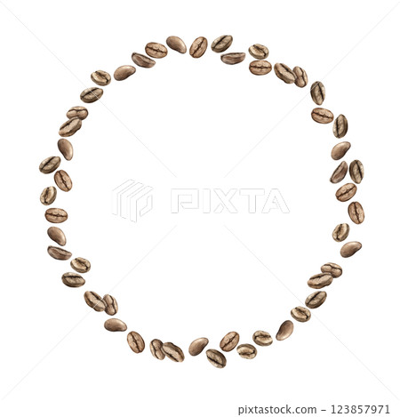 Roasted brown aromatic coffee beans. Watercolor round wreath or frame of beans arranged in a circle on an isolated background. Suitable for decorating coffee shops, restaurants, menus, postcards Roasted brown aromatic coffee beans. Watercolor round wreath or frame of beans arranged in a circle on an isolated background. Suitable for decorating coffee shops, restaurants, menus, postcards 123857971