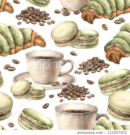 Ceramic cup with aromatic coffee, pistachio macaroons, fresh croissant and roasted beans. Watercolor seamless pattern on a coffee theme on a white background, for the design of shops, cafes, postcards 123857972