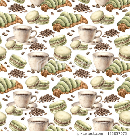 Ceramic cup with aromatic coffee, pistachio macaroons, fresh croissant and roasted beans. Watercolor seamless pattern on a coffee theme on a white background, for the design of shops, cafes, postcards Ceramic cup with aromatic coffee, pistachio macaroons, fresh croissant and roasted beans. Watercolor seamless pattern on a coffee theme on a white background, for the design of shops, cafes, postcards 123857973
