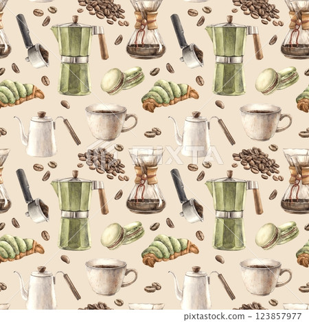 Coffee mug, geyser coffee maker, teapot, coffee filter, roasted beans. Seamless watercolor pattern with sweet dessert croissant and macaroons. Pattern for branding shops, cafes, postcards, packaging Coffee mug, geyser coffee maker, teapot, coffee filter, roasted beans. Seamless watercolor pattern with sweet dessert croissant and macaroons. Pattern for branding shops, cafes, postcards, packaging 123857977