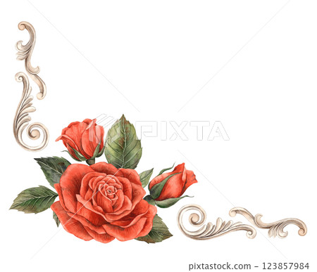 Vintage baroque frame with swirls and red bright roses with leaves. Watercolor hand-drawn frame illustration for wedding, Valentine's Day, anniversary, birthday, invitations, cards, posters, banners 123857984
