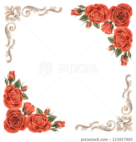Vintage baroque frame with swirls and red bright roses with leaves. Watercolor square hand drawn frame illustration for wedding, Valentine's Day, anniversary, birthday, invitations, cards, posters Vintage baroque frame with swirls and red bright roses with leaves. Watercolor square hand drawn frame illustration for wedding, Valentine's Day, anniversary, birthday, invitations, cards, posters 123857985