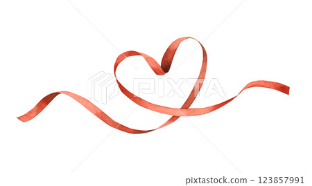 Red satin silk ribbon arranged in the shape of a heart. Watercolor illustration hand-drawn on an isolated background. Suitable for design Birthday, wedding, Valentine's Day, invitations, cards 123857991