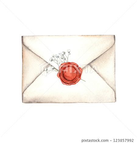 White envelope with red embossed seal and white gypsophila flower. Watercolor illustration in vintage style, for design of cards, invitations for birthday, wedding, Valentine's Day, anniversaries White envelope with red embossed seal and white gypsophila flower. Watercolor illustration in vintage style, for design of cards, invitations for birthday, wedding, Valentine's Day, anniversaries 123857992