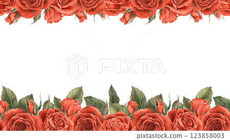 Velvet red bright roses with unblown buds and green leaves. Watercolor template with space for text. Suitable for decorating postcards, invitations, banners for weddings, Valentine's Day, birthdays Velvet red bright roses with unblown buds and green leaves. Watercolor template with space for text. Suitable for decorating postcards, invitations, banners for weddings, Valentine's Day, birthdays 123858003