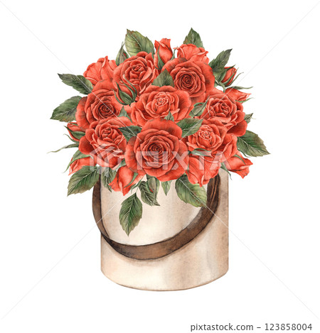 A bouquet of velvet red roses with green leaves in a round beige box. Watercolor illustration in vintage style, suitable for decorating flower shops, wedding design, Valentine's Day, postcards banners A bouquet of velvet red roses with green leaves in a round beige box. Watercolor illustration in vintage style, suitable for decorating flower shops, wedding design, Valentine's Day, postcards banners 123858004