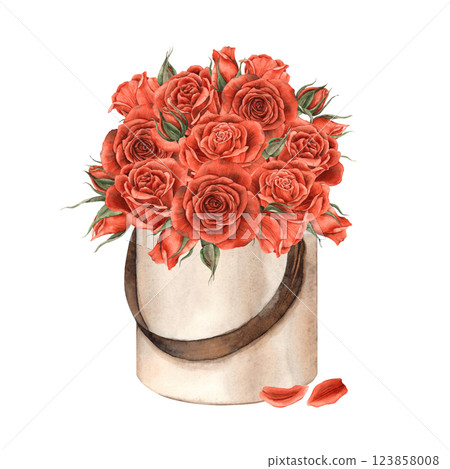 Bouquet of velvet red roses with green leaves in a round beige box and petals. Watercolor illustration in vintage style, suitable for decorating flower shops, weddings, Valentine's Day, cards, banners Bouquet of velvet red roses with green leaves in a round beige box and petals. Watercolor illustration in vintage style, suitable for decorating flower shops, weddings, Valentine's Day, cards, banners 123858008