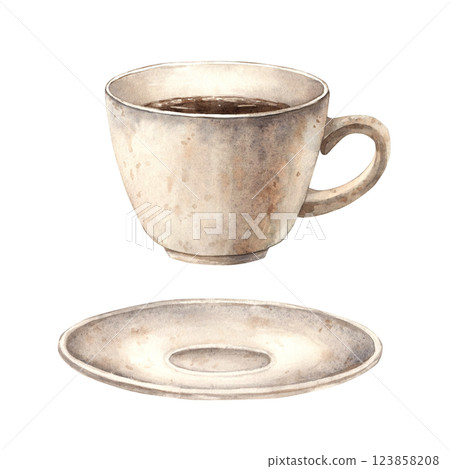 A mug of aromatic hot coffee with a white saucer. Watercolor illustration, hand-drawn on an isolated background. The drawing is suitable for decorating coffee shops, restaurants, menus, postcards A mug of aromatic hot coffee with a white saucer. Watercolor illustration, hand-drawn on an isolated background. The drawing is suitable for decorating coffee shops, restaurants, menus, postcards 123858208