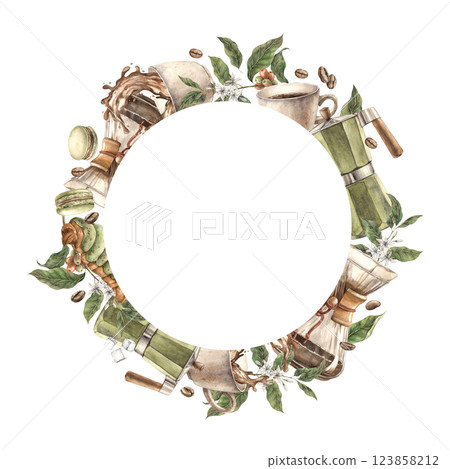 A mug of aromatic coffee, coffee maker, filter, beans with berries and twigs, sweet croissant and macaroons. Watercolor round frame for decorating coffee shops, bistros, menus, posters, packaging 123858212
