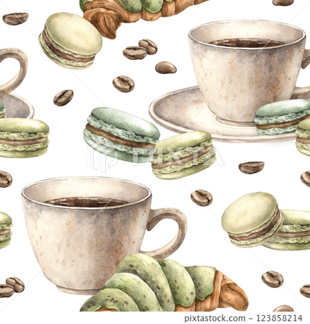 Ceramic cup with aromatic coffee, pistachio macaroons, French croissant with roasted beans. Watercolor endless and seamless pattern on coffee theme, for decorating shops, cafes, banner, postcard 123858214