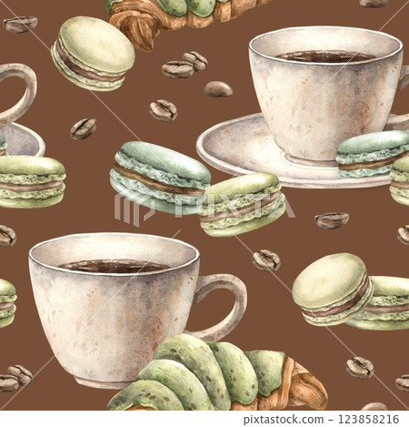 Ceramic cup with aromatic coffee, pistachio macaroons, French croissant with roasted beans. Watercolor endless and seamless pattern on coffee theme, for decorating shops, cafes, banner, postcard Ceramic cup with aromatic coffee, pistachio macaroons, French croissant with roasted beans. Watercolor endless and seamless pattern on coffee theme, for decorating shops, cafes, banner, postcard 123858216