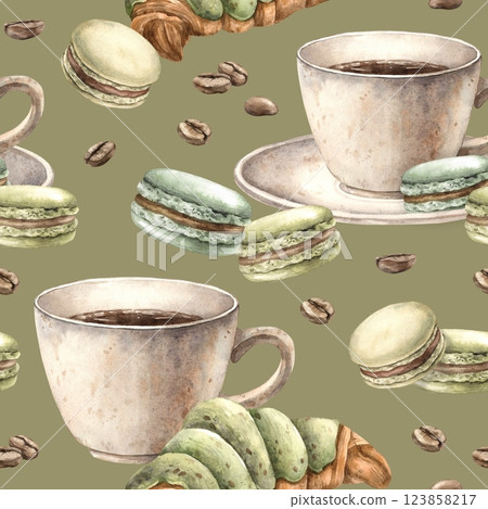 Ceramic cup with aromatic coffee, pistachio macaroons, French croissant with roasted beans. Watercolor seamless pattern on a green background, for the design of shops, cafes, banners, postcards 123858217