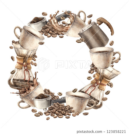 Mug of aromatic coffee, coffee maker, filter, beans and portafilter. Watercolor round wreath on isolated background hand drawn, for decorating coffee shops, bistros, menus, posters, packaging. Mug of aromatic coffee, coffee maker, filter, beans and portafilter. Watercolor round wreath on isolated background hand drawn, for decorating coffee shops, bistros, menus, posters, packaging. 123858221