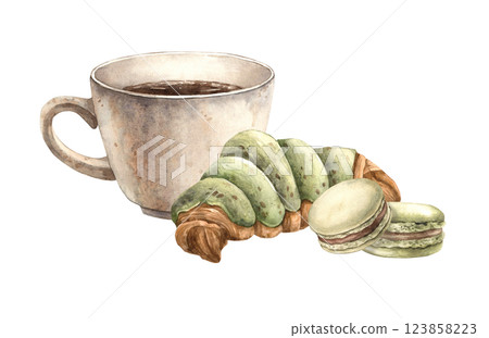 Ceramic mug with aromatic coffee, macaroons and croissant with pistachio glaze. Watercolor illustration, hand-drawn on isolated background. For decorating shops, cafes, banners, postcards, invitations 123858223