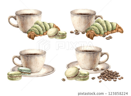 Ceramic mug with coffee, macaroons and croissant with pistachio glaze, roasted coffee beans. Watercolor set of hand-drawn illustrations. For the design of shops, cafes, banners, postcards, invitations Ceramic mug with coffee, macaroons and croissant with pistachio glaze, roasted coffee beans. Watercolor set of hand-drawn illustrations. For the design of shops, cafes, banners, postcards, invitations 123858224