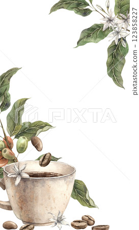 A cup of aromatic coffee with roasted beans. Botanical branches with flowers and unripe fruits of the coffee tree. Watercolor composition for the design of a cafe and a store, a postcard, a banner A cup of aromatic coffee with roasted beans. Botanical branches with flowers and unripe fruits of the coffee tree. Watercolor composition for the design of a cafe and a store, a postcard, a banner 123858227