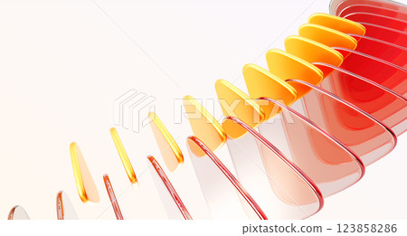 Abstract 3d background with row of red glass transparent and gold plastic triangle plate shapes render. Dynamic gradient wave line pattern. Color wallpaper, music cover or tech banner. 3D Illustration 123858286