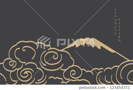 Black and gold Mountain and Chinese cloud elements. Japanese background with Asian traditional icon vector. Natural art with brown background in vintage style. 123858351