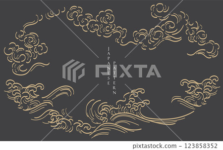 Japanese chinses cloud pattern with black and gold frame background in vintage style. Abstract art landscape banner design vector. 123858352