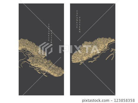 Black and gold bonsai tree or pine tree elements. Japanese background with Asian traditional icon vector. Natural art with brown background in vintage style. 123858358