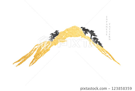 Mountain forest gold brush stroke in Chinese painting style vector. Abstract art background in vintage style. Chinese new year banner and card design. Contemporary shapes in vintage template design Mountain forest gold brush stroke in Chinese painting style vector. Abstract art background in vintage style. Chinese new year banner and card design. Contemporary shapes in vintage template design 123858359