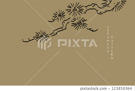 Japanese background with Asian traditional icon vector. Black and white bonsai tree or pine tree elements. Natural art with brown background in vintage style. 123858364