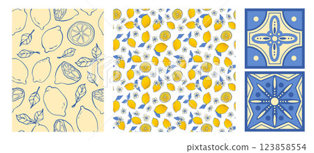 Floral lemon and Mediterranean tile patterns set Floral lemon and Mediterranean tile patterns set 123858554