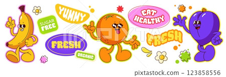 Groovy fruit characters and stickers set Groovy fruit characters and stickers set 123858556