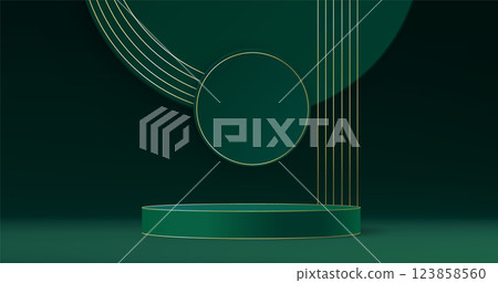 Green round podium stage with gold wavy stripes. 123858560