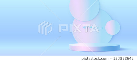 Hologram circular podium on soft blue pink bg 123858642