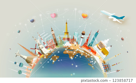 Travel landmarks world with world map and global technology network. Travel landmarks world with world map and global technology network. 123858717