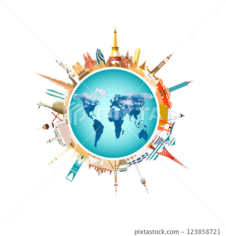 Travel landmarks world with world map background in circle. 123858721