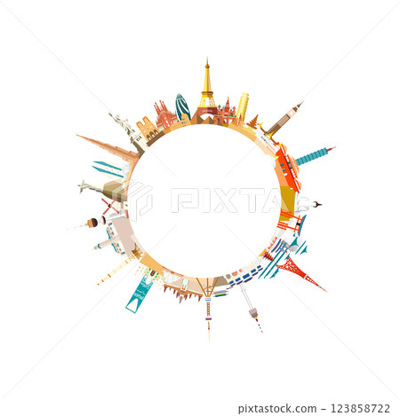 Travel landmarks world with architecture in circle background. 123858722