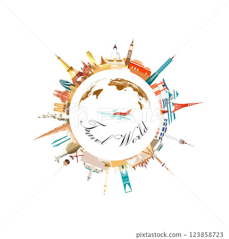 Travel landmarks world with world map and architecture in circle background. 123858723