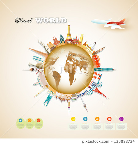 Travel landmarks world with architecture in circle background. 123858724