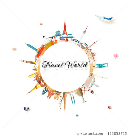 Travel landmarks world with famous architecture in circle. 123858725