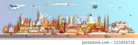 World travel landmarks famous ancient architectural and monument panorama. 123858726