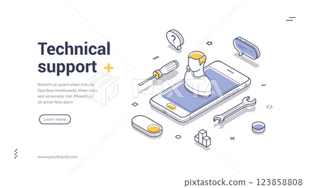 Technical support web banner template featuring isometric design and tools Technical support web banner template featuring isometric design and tools 123858808